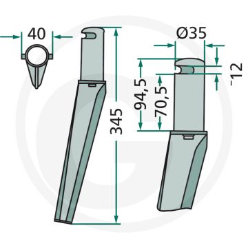 Rotorkopegtand - Lengte: 345mm, Breedte: 40mm, Gat-Ø: 12mm, Passend voor Krone