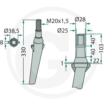 Rotorkopegtand - Passend voor Rau, Lely - Lengte: 330mm