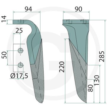 Dent de la tête de rotor (droite, enrobée 285 x 90 x 14 mm)