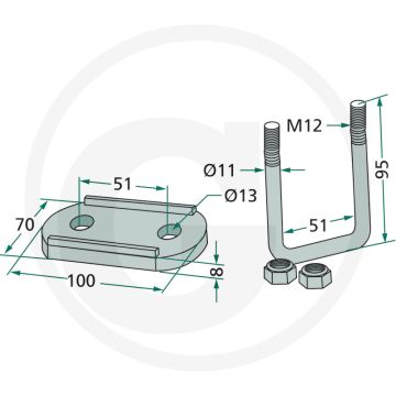 Beugelbout (met zelfborgende moer en houderplaat voor frame 50 x 50 mm)