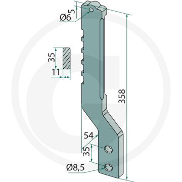 Stiel links - Chopstar, 3 boringen, 358mm lengte, 35x11mm vierkant