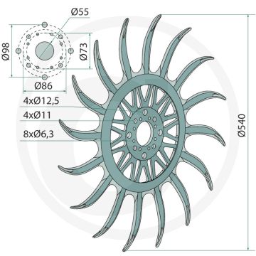 Hakselster, compleet met lager - Buiten-Ø 540mm, Gatafstand Ø73, Ø86, Ø98
