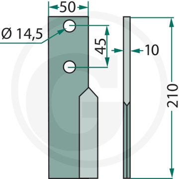 Rotorkopegtand 45mm gatafstand, 10mm dikte, 210mm lengte