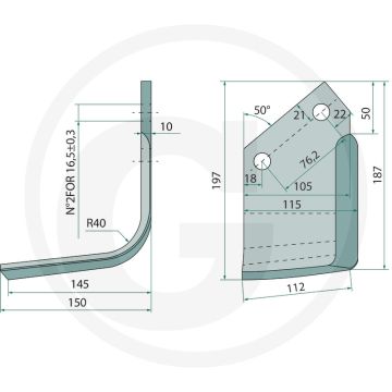 Freesmes rechts 150mm Werkbreedte, 75mm Gatafstand, 10mm Dikte