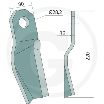 Mulchmesser links 10mm dik - 80mm breed - 220mm lang