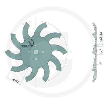 Rollhackenscheibe rechts 8mm 10 tanden Ø390mm Braun