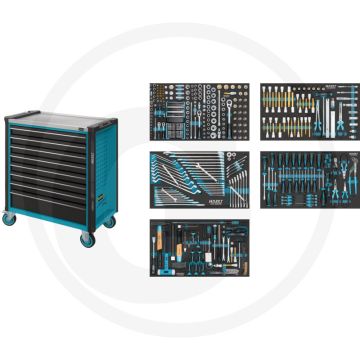 Hazet Werkstattwagen mit Sortiment- 440tlg. 7 flache Schubladen, 1 hohe Schublade, Edelstahl-Arbeitsfläche, 125kg, HAZET blau