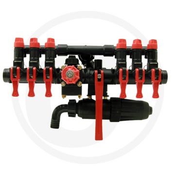 Annovi Reverberi Gelijke druk-armatuur met 6 secties. Max. 160 l/min, tot 20 bar. Let op juiste afdichting.