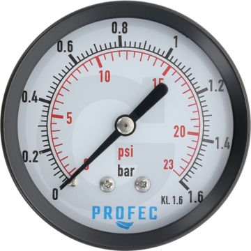 Manometer +1,6 bar Ø63mm Messing Staal Koperlegering Polycarbonaat Alu (zwart) Alu (wit)