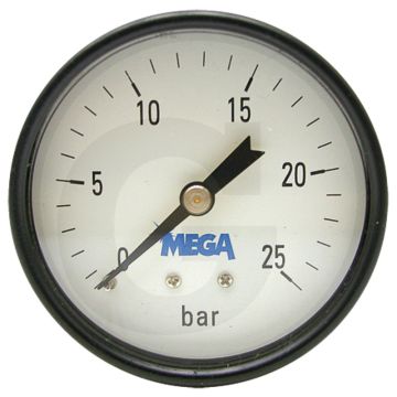 Manometer +25 bar, Ø63mm, Messing, Staal, Droog