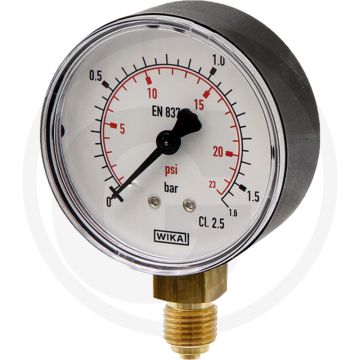 Manometer +1,6 bar Ø63mm Messing/Staal Koperlegering Polycarbonaat Alu (zwart/wit)