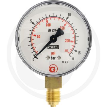 Manometer +16 bar, Ø63mm, Messing, Staal, Droog