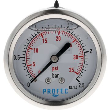 Glycerinemanometer +2,5 bar, Ø63mm, RVS, Met glycerine gevuld