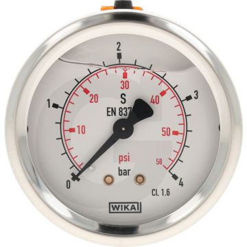 Glycerinemanometer +4 bar, Ø63mm, RVS huis, Messing aansluiting