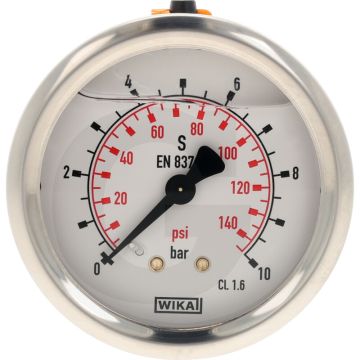 Glycerinemanometer +10 bar, Ø63mm, RVS, Met glycerine gevuld
