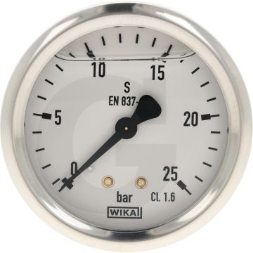 Glycerinemanometer +25 bar, Ø63mm, RVS huis, Messing aansluiting