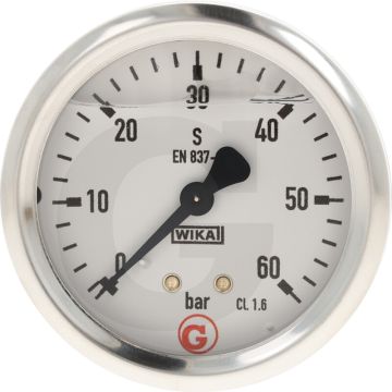 Glycerinemanometer +60 bar, Ø63mm, RVS huis, Messing aansluiting