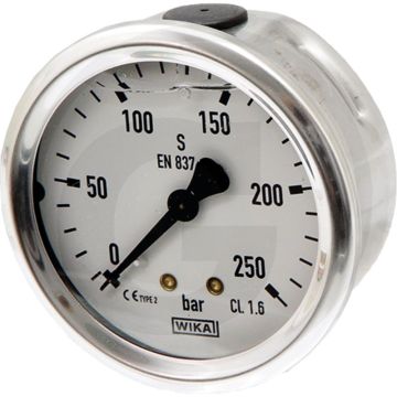 Glycerinemanometer +250 bar, Ø63mm, RVS huis, Messing aansluiting