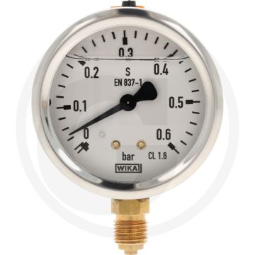 Glycerinemanometer +0,6 bar Ø63mm RVS huis, Messing aansluiting