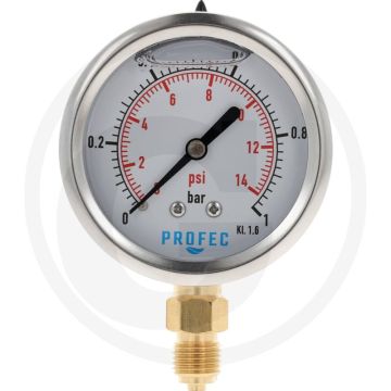 Glycerinemanometer +1 bar RVS 63mm Messing - Mesttechniek