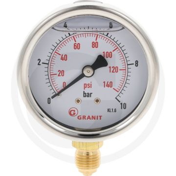 Glycerinemanometer +10 bar, Ø63mm, RVS, Met glycerine gevuld