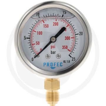 Glycerinemanometer +25 bar RVS Ø63mm Messing