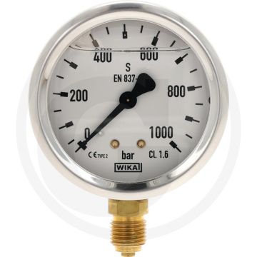 Glycerinemanometer +1000 bar, Ø63mm, RVS huis, Met glycerine gevuld