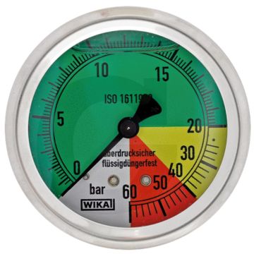 WIKA Manometer 0-60 bar, Ø 63mm, RVS aansluiting, Glycerine gevuld, ISO 16119-2.
