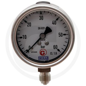 WIKA Manometer 63mm +60 bar RVS huis, Glycerine gevuld