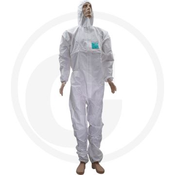 Agraroverall, weiß, Größe L, atmungsaktiv, antistatisch, flusenarm, silikonfrei.