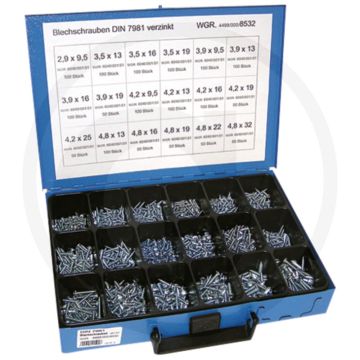 Assortiment plaatschroeven DIN 7981 Verzinkt – diverse maten, 1050 stuks