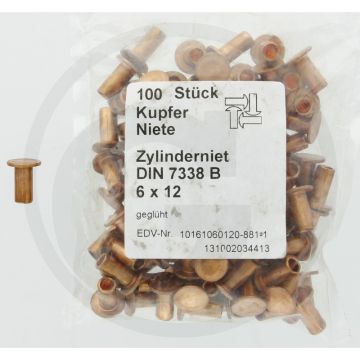 VPE100 koperen klinknagels 6x12 DIN 7338 – Vorm B, koper, Ø6 mm, lengte 12 mm
