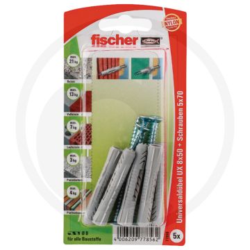 Fischer VPE5 universele pluggen UX met schroeven 8x50 mm, incl. schroeven 5x70 mm