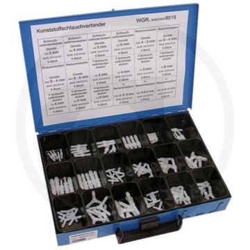 Assortiment kunststof slangverbinders, 18-delig – rechte, T- en Y-stukken 3–8 mm