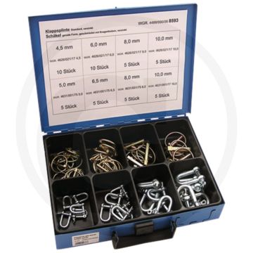 Assortiment borgpennen / D-sluitingen, verzinkt, 8-voudig in plaatstalen koffer