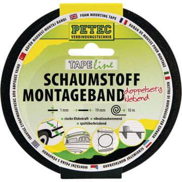PETEC Verbindungstechnik Schuimmontagetageband (Schuimmontagetageband, zwart, 10 m x 19 mm x 1 mm)