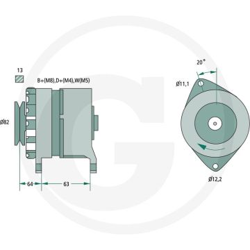 BOSCH Dynamo (K1 28V 10/55A  ; 28 V / 55A  ; met V-snaarpoelie  ; B+ (M6), D+ (M4), W (M5))