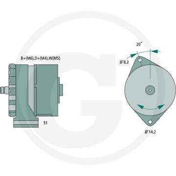 BOSCH Dynamo (N1 28V 10/55A  ; 28 V / 55 A  ; zonder poelie  ; B+ (M6), D+ (M4), W (M5))